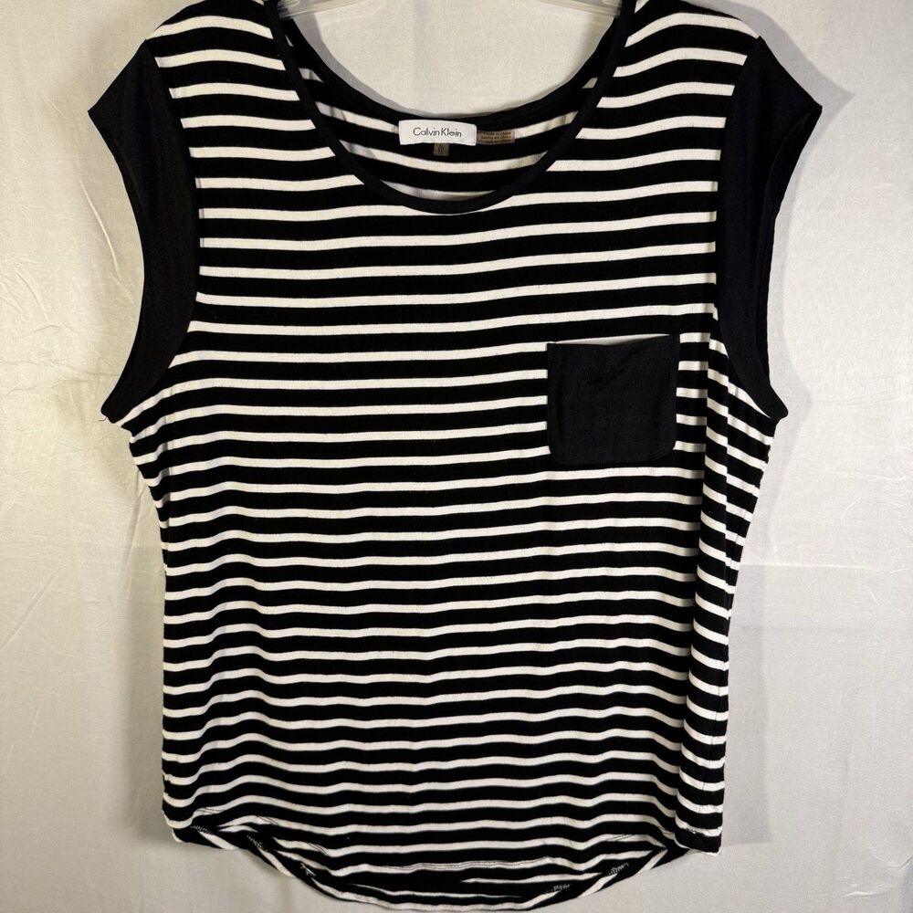 Calvin Klein Womenโs XL Sleeveless Black White Striped Top Pocket Stretch